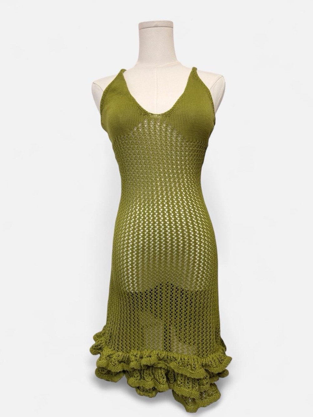 Olive Green Crochet Fairy Core Sheer Dress